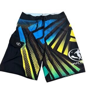 Hulakai Board Shorts Size 34 Hawaii Swim Trunks Bright Blue Yellow Surf Beach